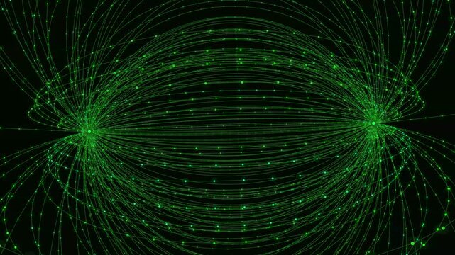 Glowing green light lines connect nodes in a complex network to visualize data flow patterns