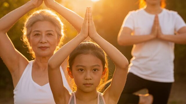 Practicing family trio in yoga clothes at park sunset holding prayer palms and balancing meditating