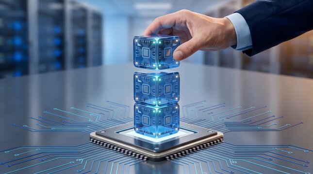 Scalable enterprise computing showing hand placing glowing modular processor glass cube onto circuit network