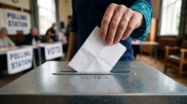 Voter casting ballot in election. Person inserting paper into metal ballot box at station.