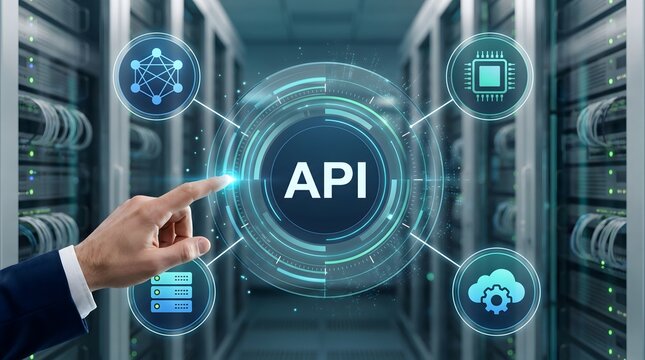 Enterprise API management platform showing professional interacting with digital cloud networking interface