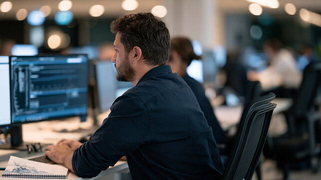 Over the shoulder view of an IT support technician in a crowded open plan office, watercolor bleed pattern on their notepad beside a monitor showing network diagnostics, help desk