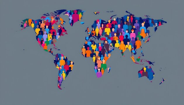The image depicts a simplified world map with outlines of continents filled with numerous colorful human figures