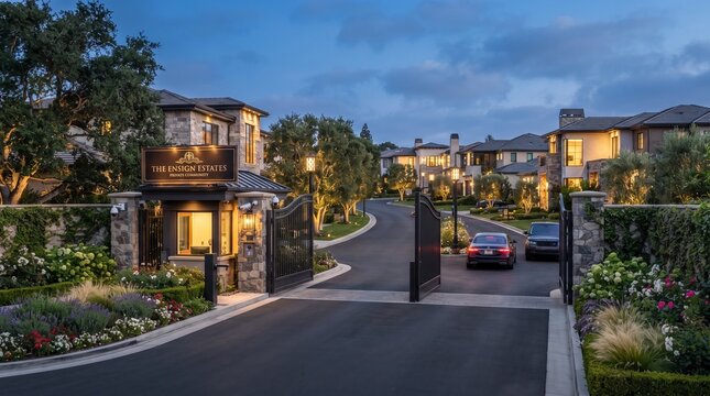 Gated community entrance at twilight. Luxury residential neighborhood with security gate.