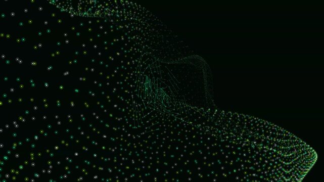 Glowing green particles forming a digital structure with interconnected nodes floating in deep darkness