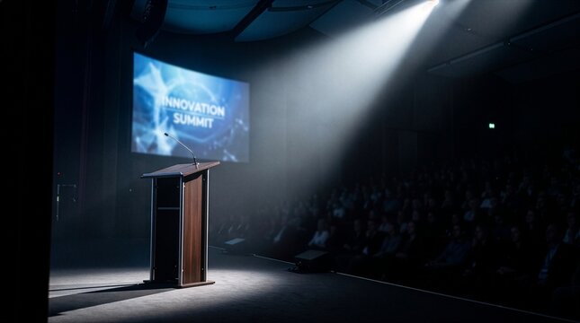A spotlight illuminates a podium on a dimly lit stage, with a large screen displaying INNOVATION SUMMIT to an unseen audience.