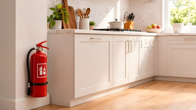 Red fire extinguisher mounted on the pristine white wall in a modern, sunlit kitchen, emphasizing home safety and emergency preparedness.