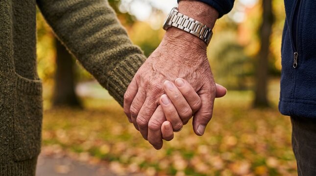 Senior couple holding hands while walking in autumn park representing retirement planning and lifelong love