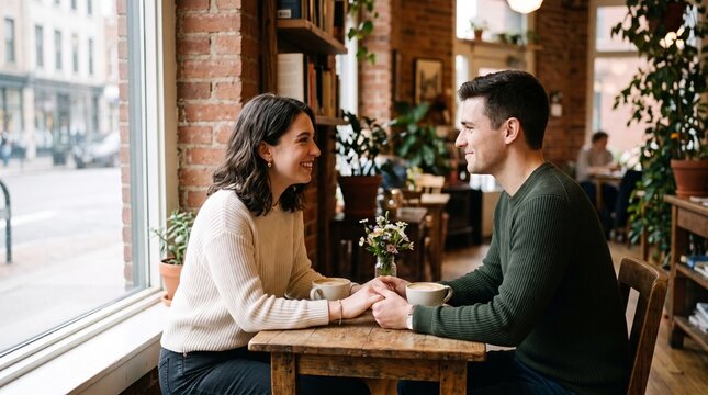 Happy young couple holding hands on a romantic coffee date in a cozy cafe for relationship and lifestyle marketing