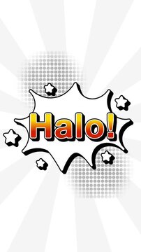 Halo text word lettering popup comic cartoon reveal with bomb and smoke explosion manga anime book page dots radial speed lines doodle white background seamless loop vertical animation retro 