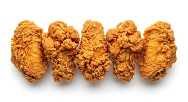 Five Crispy Golden Fried Chicken Wings Arranged in a Row Isolated on White Background for Fast Food Concept