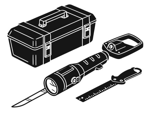 toolbox, flashlight, utility knife, and measuring tape. Bold black vector silhouettes on white, precisely positioned in a clean grid, equal spacing, crisp recognizable shapes, no overlap, individually