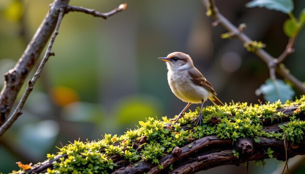 A small bird is perched on a moss covered branch, surrounded by a natural setting with blurred greenery in the background