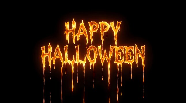 Happy halloween text with a melting fire effect on a black background