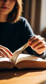 Young woman reading a book in a cozy library setting.