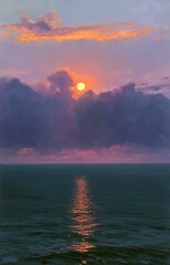 Fototapeta premium Serene Sunset Over Calm Ocean Waters with Dramatic Clouds.