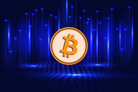 Bitcoin-BTC cryptocurrency logos drawings on digital background.