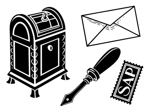 vintage mailbox, envelope, postage stamp, and letter opener. Black vector silhouettes on a pure white background, arranged symmetrically with generous spacing, clean recognizable forms, isolated 