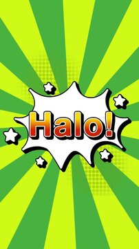Halo text word lettering popup comic cartoon reveal with bomb and smoke explosion manga anime book page dots radial speed lines doodle green background seamless loop vertical animation retro 