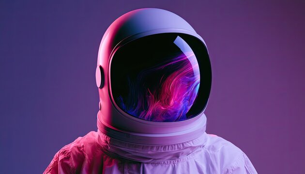 Close-up of a spacesuit helmet reflecting swirling colorful nebula in its visor