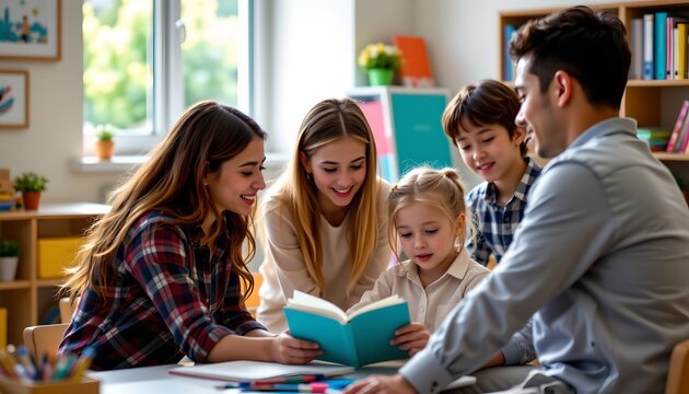 The image depicts a family gathered around a table in a bright, cozy room, engaging with an open book