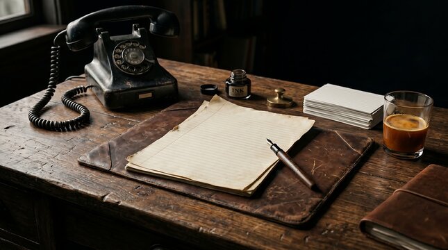 Vintage wooden desk with antique rotary phone and blank notepad. Classic office workspace featuring retro communication tools and stationery.