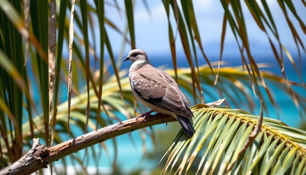 A bird with brown and gray feathers is perched on a thin branch surrounded by palm fronds. The bird's body is turned slightly to the side, showcasing its sleek profile and intricate feather pattern