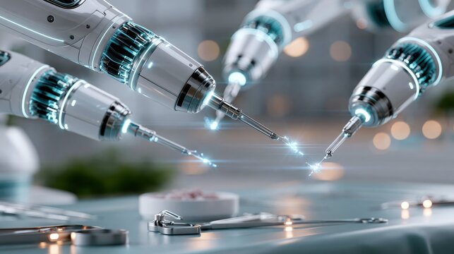 Robots perform surgery using advanced tools in a modern medical facility