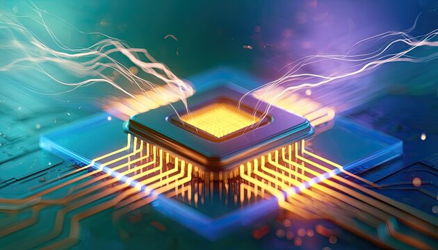 Futuristic microchip glowing with energy, data streams emanating from its core