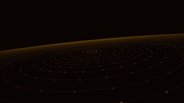 Glowing orange concentric circles expand across a dark space creating a rhythmic pattern of light motion