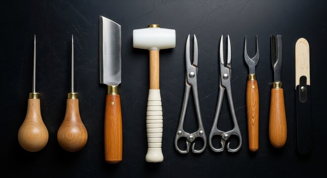 Professional Leather Crafting Tools Set Arranged on Dark Background for Handmade Projects