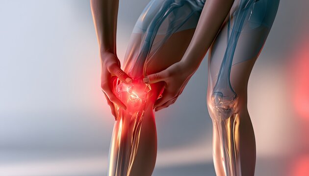 Medical illustration of a person experiencing intense knee pain and inflammation