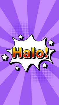 Halo text word lettering popup comic cartoon reveal with bomb and smoke explosion manga anime book page dots radial speed lines doodle lavender background seamless loop vertical animation retro 
