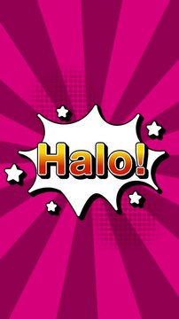 Halo text word lettering popup comic cartoon reveal with bomb and smoke explosion manga anime book page dots radial speed lines doodle pink background seamless loop vertical animation retro 