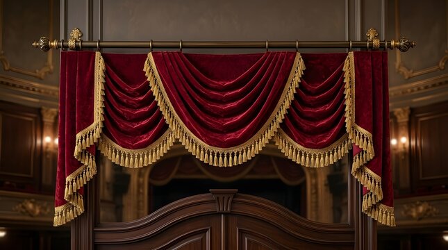Swag red velvet curtain valance with decorative folds for theater window treatment luxury textile element for interior design set