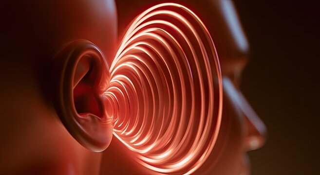Abstract representation of sound waves entering a human ear, glowing orange