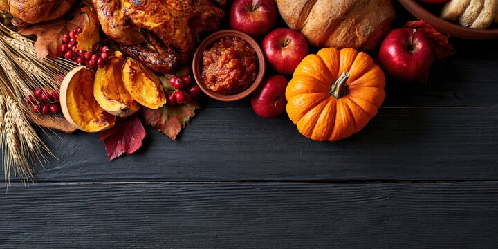 Thanksgiving Rustic Flat Lay with Roasted Turkey Pumpkin Apples Wheat and Copy Space on Dark Wooden Background