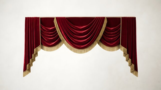 Swag red velvet curtain valance with decorative folds for theater window treatment luxury textile element for interior design set