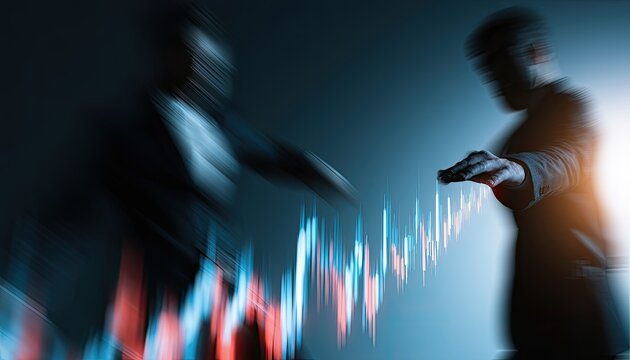 Blurred figures interacting with financial data visualization