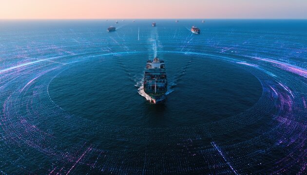 Container ships navigate a digital ocean with glowing data streams