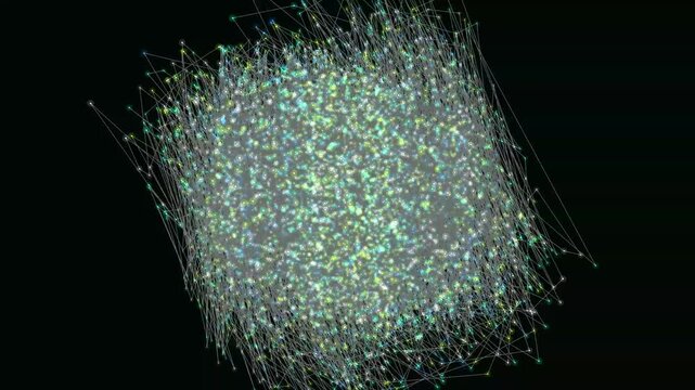 Glowing particles linked by thin lines form a rotating complex multidimensional network structure in dark space
