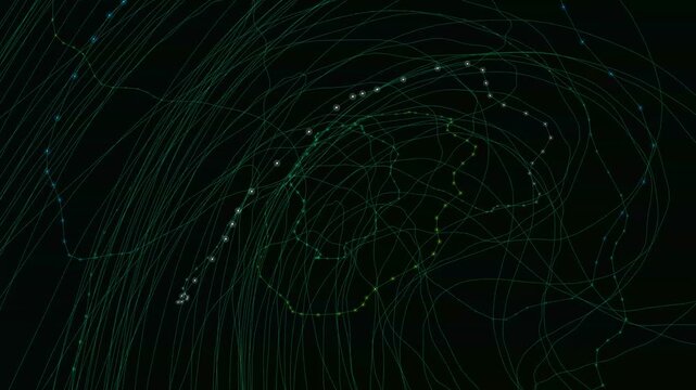 Glowing particles move along intersecting green paths forming a complex network of dynamic energy lines