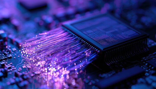 Close-up of a microchip with glowing fiber optic cables emitting purple light