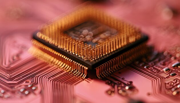 Close-up of a metallic computer processor with many pins on a circuit board