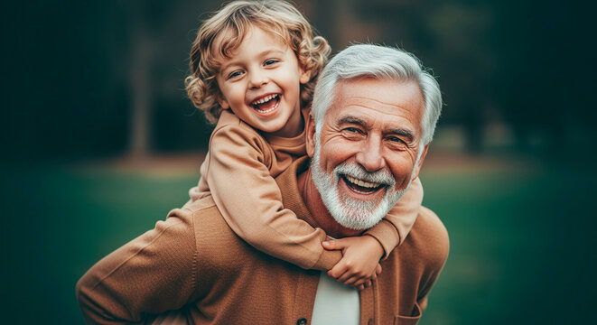 Joyful grandfather giving his young grandson a piggyback ride in a sunny park, celebrating family bonding, happiness, and multi-generational love outdoors.