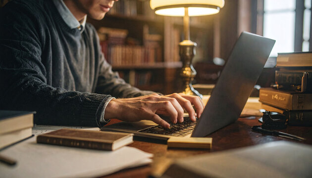 A dedicated student types on a laptop in a cozy, dimly lit library, surrounded by antique books. This scholarly scene evokes focus and intellectual growth. Professional, classic, academic vibes.