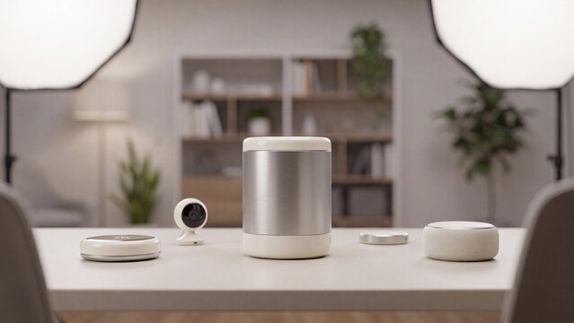 Smart speaker and security devices rest on a white surface in a professional photography lighting setup.