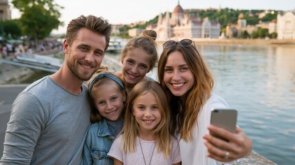 Fototapeta premium Family takes selfie by the river with historical buildings in the background during a sunny day in Budapest