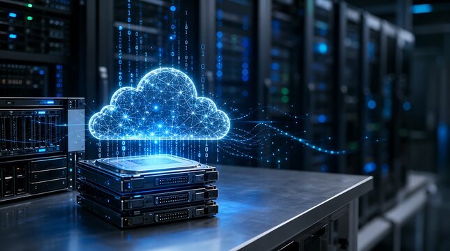 High angle view of server hard drive stack with glowing digital cloud icon mesh in dark data center room, depicting cloud storage technology, big data server network, and cyber infrastructure.