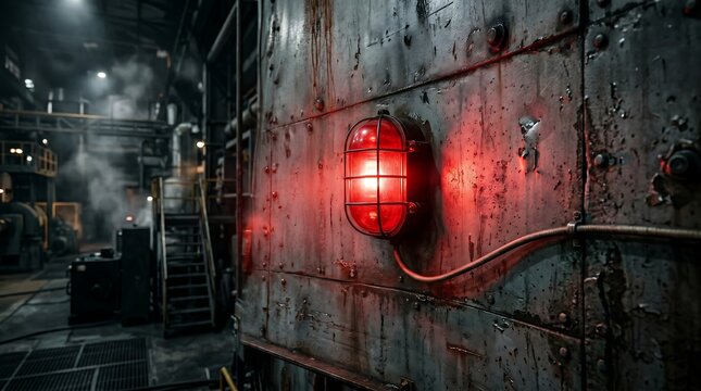 Emergency stop button glowing red in industrial control room. Critical safety switch illuminated on machinery panel for shutdown procedures.